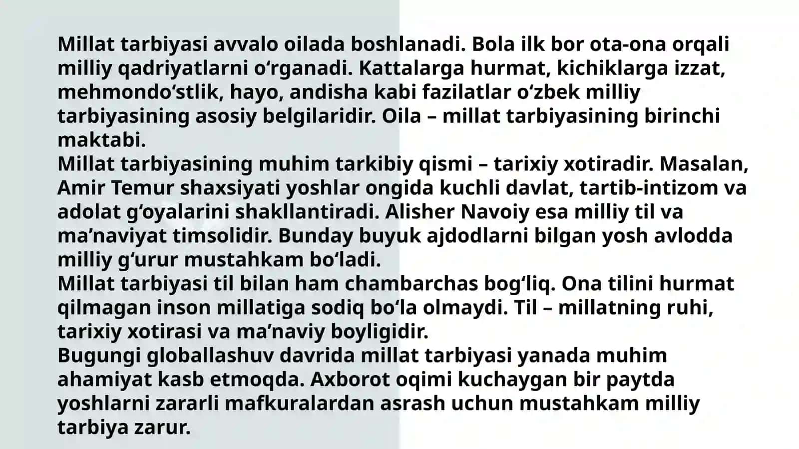 Millat tarbiyasi vatanparvarlikni mustahkamlashning muhim sharti va vositasi 4