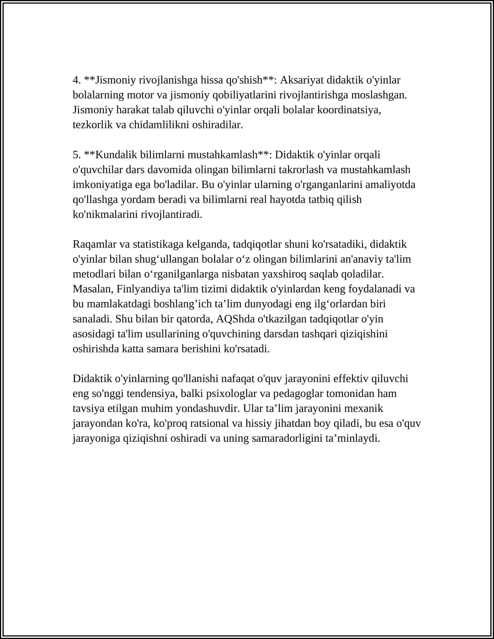 SINFDAN TASHQARI MASHG'ULOTLARDA DIDAKTIK O'YINLARNING AHAMIYATI, MAZMUNI ULARDAN FOYDALANISH(1 SINF MISOLIDA) 4