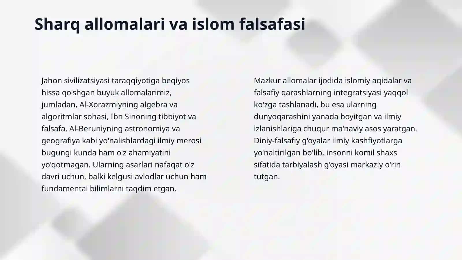 Sharq mutaffakirlarining islom dinning inson kamolotiga ta'siri haqidagi g'oyalari 4