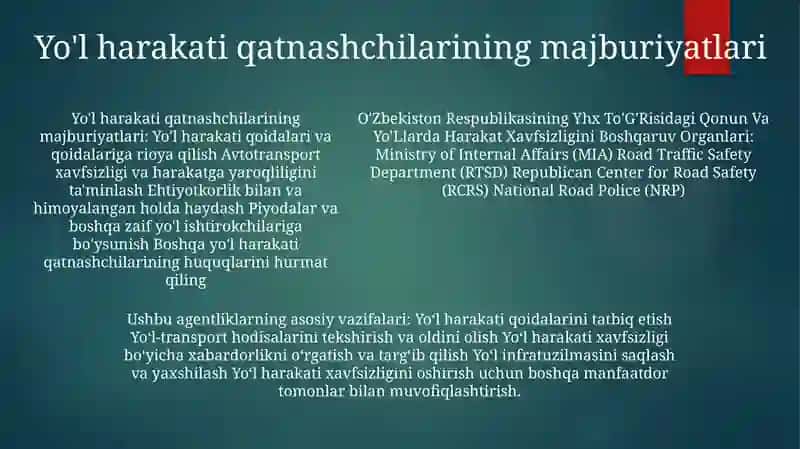 O'Zbekiston Respublikasining Yhx To'G'Risidagi Qonun Va Yo'Llarda Harakat Xavfsizligini Boshqaruv Organlari 4