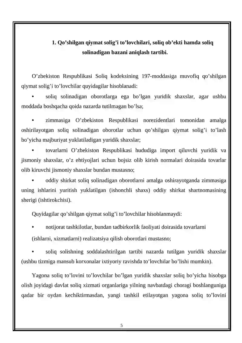 O`zbekistonda qo`shilgan qiymat solig`i soliq to`lovchilari va soliq solish obyekti va bazasi 4