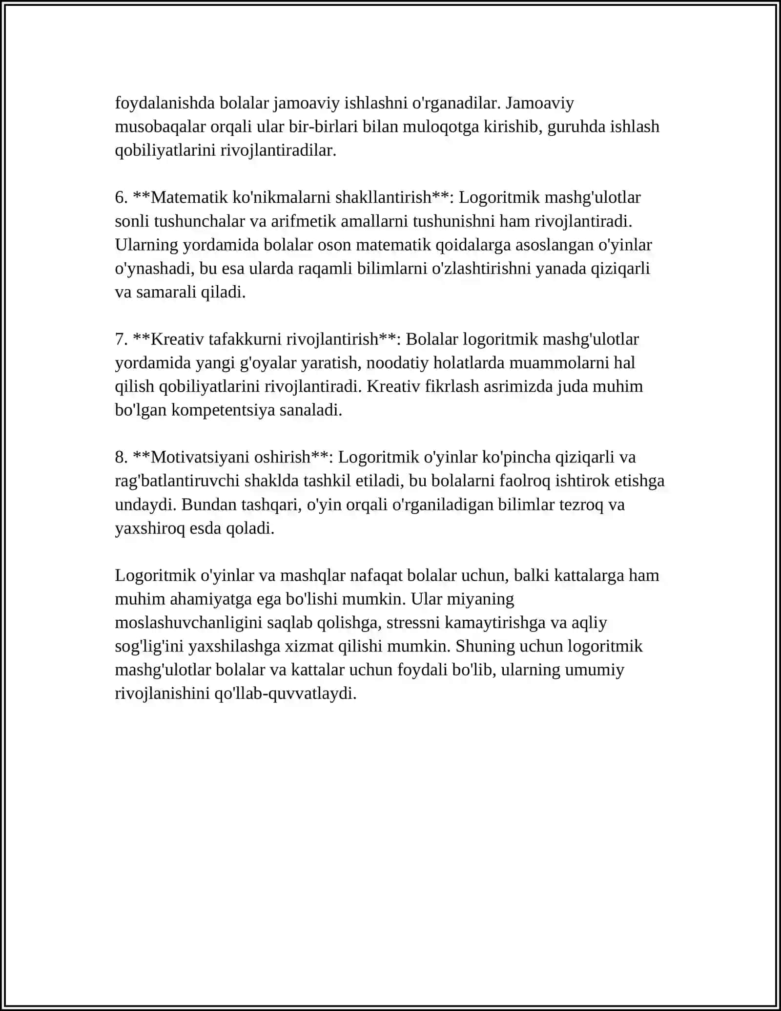 LOGORITMIKADA OʻYINLAR VA MASHQLAR TAVSIFI 4