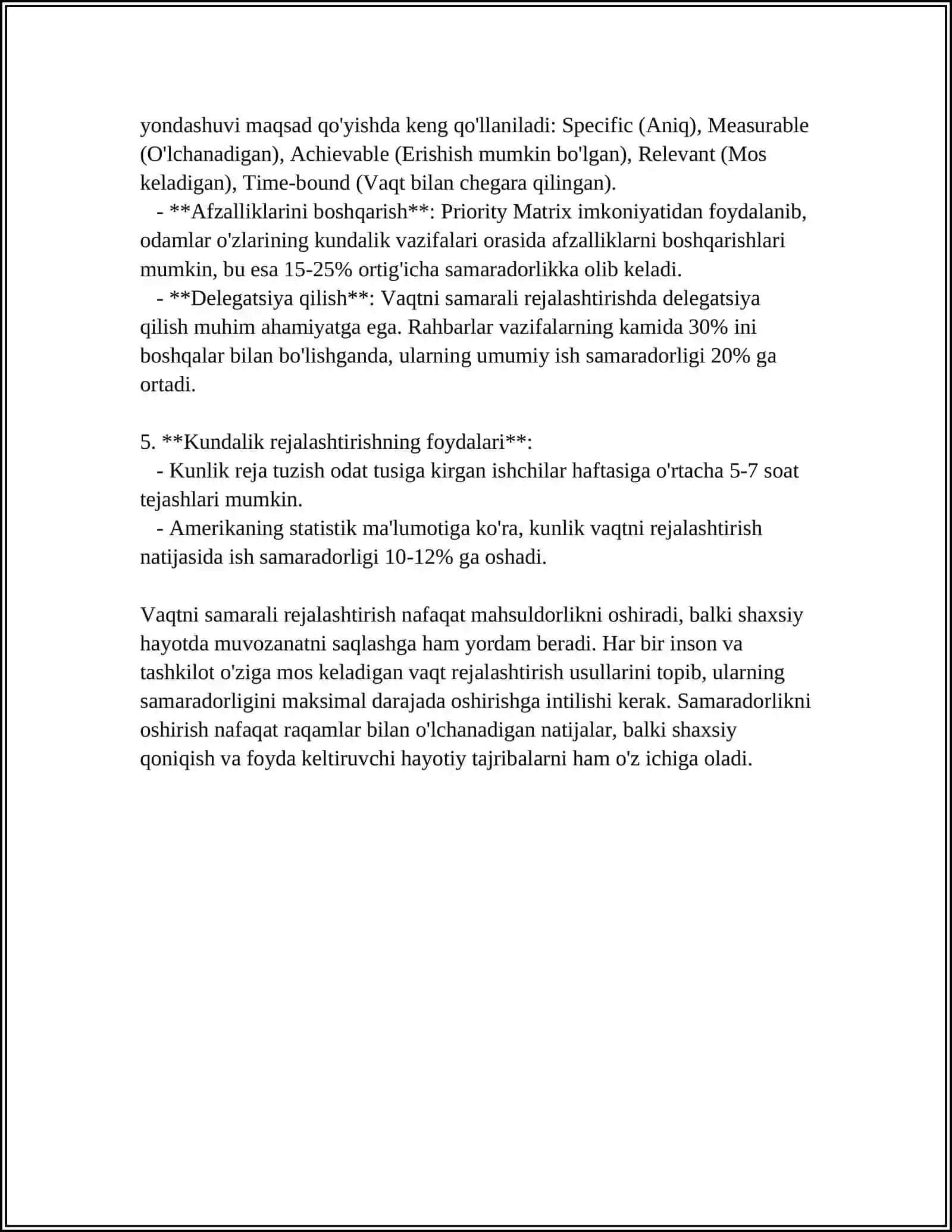 MUSTAQIL ISH Mavzu: VAQTNI BOSHQARISH (TIME MANAGEMENT) KO‘NIKMASI VA RIVOJLANTIRISH YO‘LLARI 4