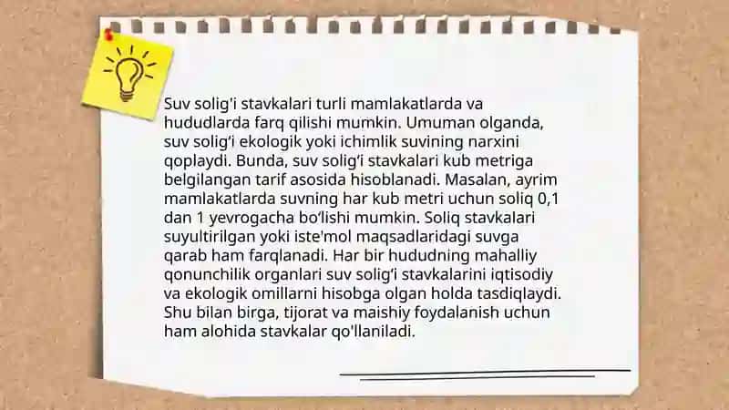 Suv resurslaridan foydalanganlik uchun soliq stavkalari va ularning tabaqalanish mezonlari 4