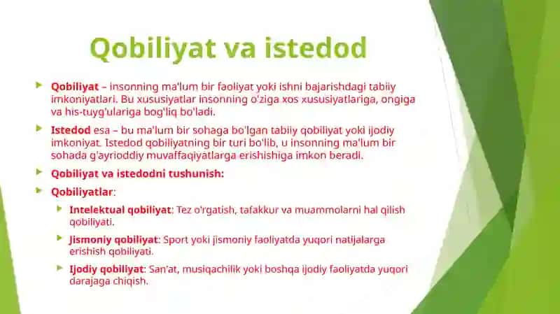 XARAKTER VA UNING XUSUSIYATLARI. QOBILIYAT ISTEDOD VA QOBILIYAT 4