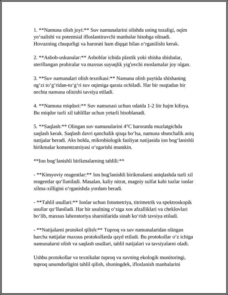 Tuproq va suv namunalaridan ion bog'lanishli birikmalarni olinishi va saqlanish protokollari 4