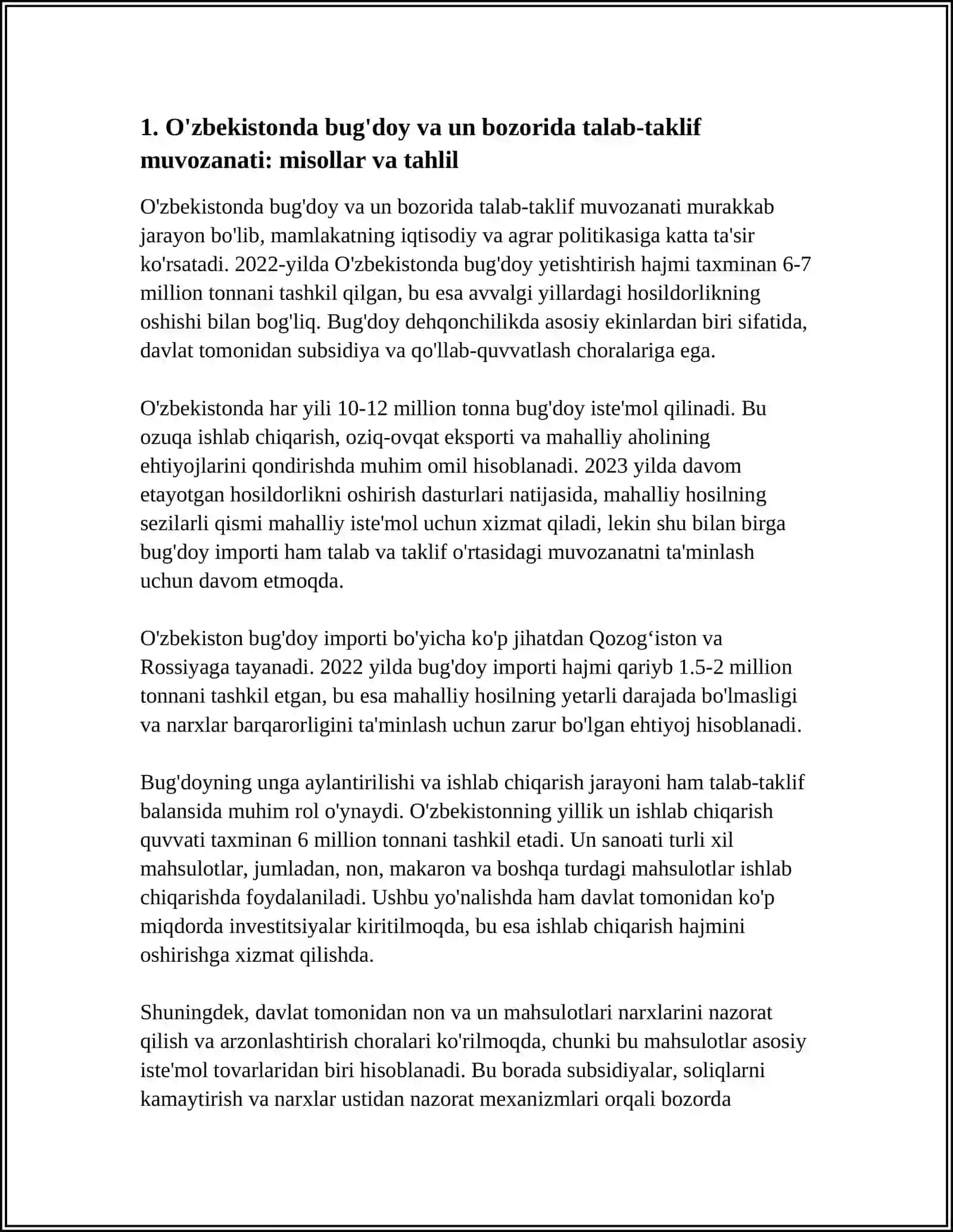 O'ZBEKISTON TOVAR VA BOZORLARIDA TALAB VA TAKLIF MUVOZANATI MISOLLAR VA TAHLIL 4