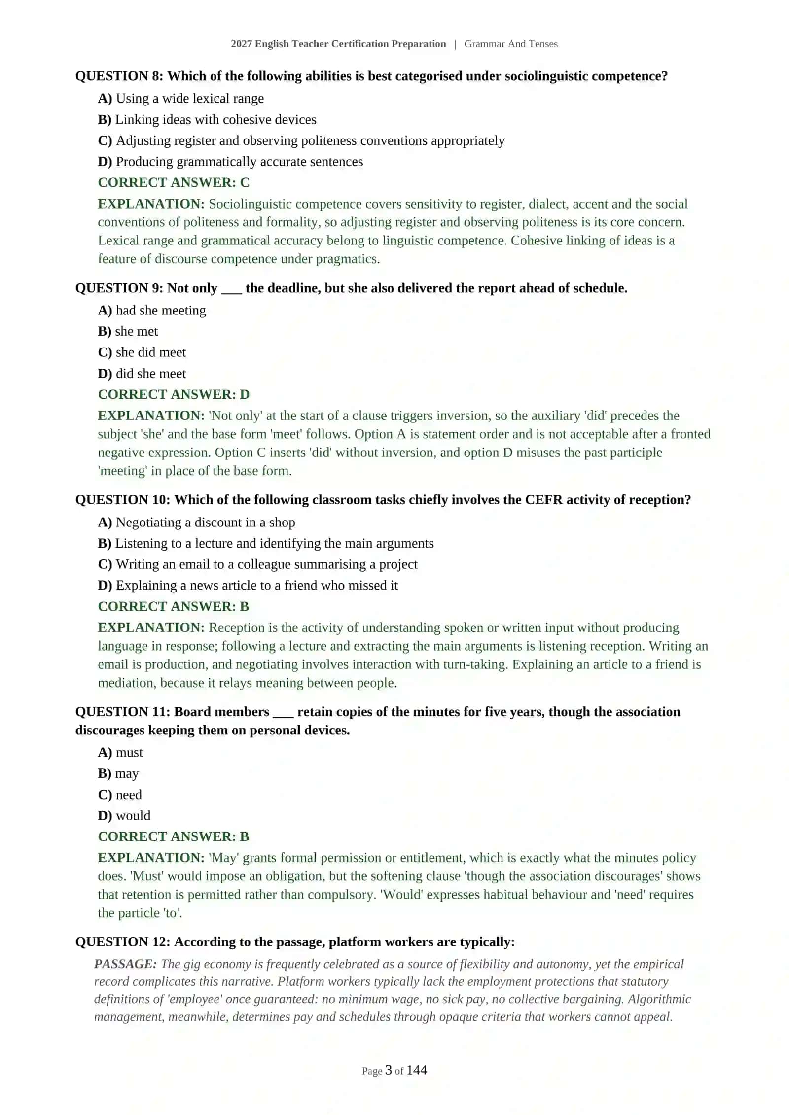 ENGLISH TEACHER CERTIFICATION - GRAMMAR AND TENSES - 2027 CERTIFICATION PREPARATION (600 QUESTIONS) 4