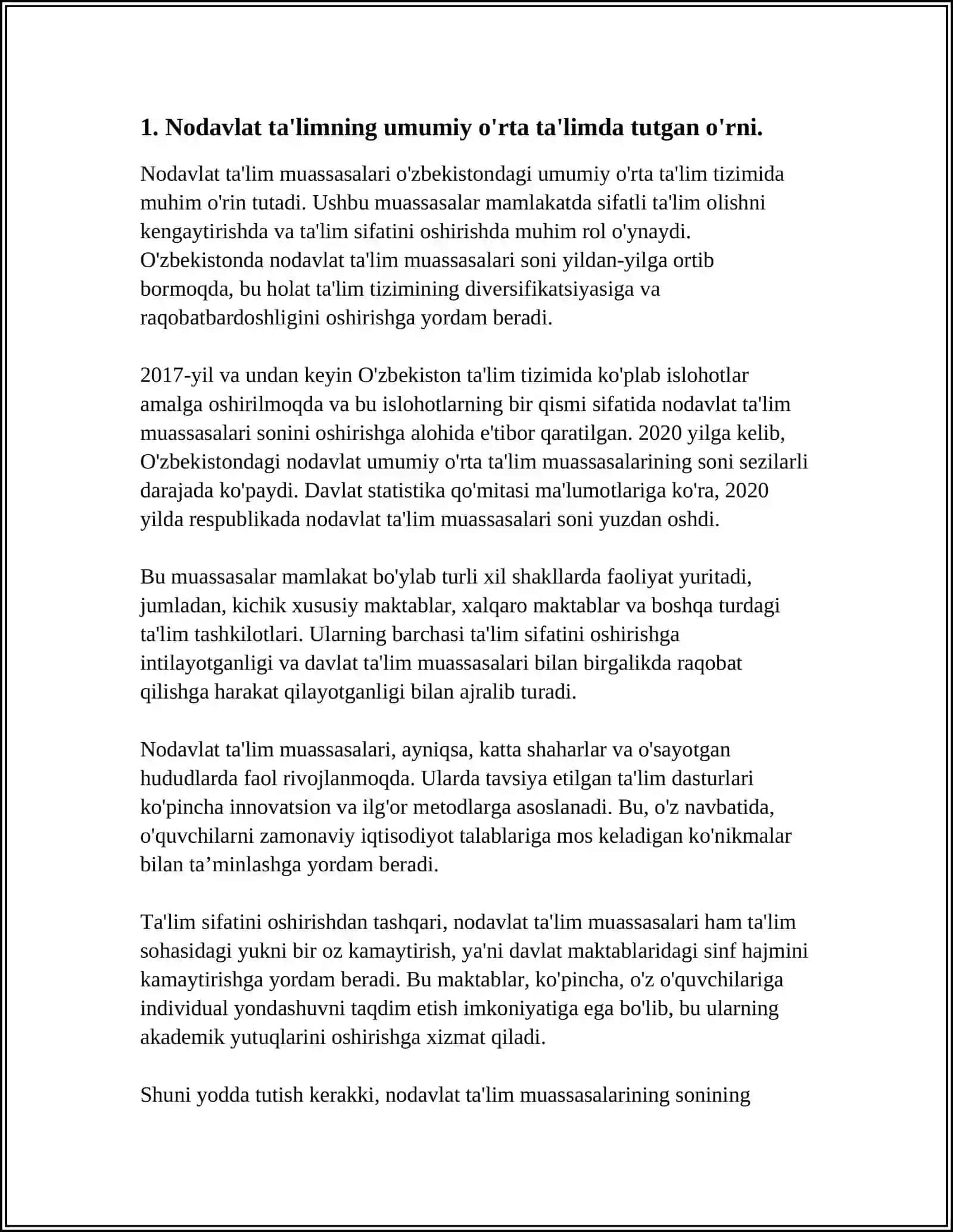 O‘ZBEKISTON RESPUBLIKASI NODAVLAT TALIM UMMIY O'RTA TA'LIM MISOLIDA MUASSASALARNING TA'LIM SOHASIDA TUTGAN O'RNI 4