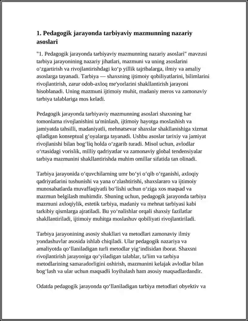 PEDAGOGIK JARAYONDA TARBIYAVIY MAZMUNINI.TARBIYA JARAYONINING SHAKLLARI VA METODLARI.JAMOA-OBYEKTI VA SUBYEKTI SIFATIDA 4