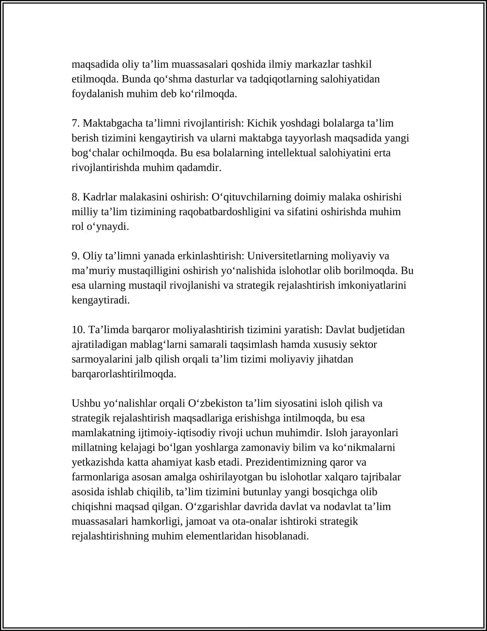 OʻZBEKISTONDA TA'LIM SIYOSATI VA TA'LIMNI MODERNIZATSIYA QILISHNING ASOSIY YO'NALISHLARI 4