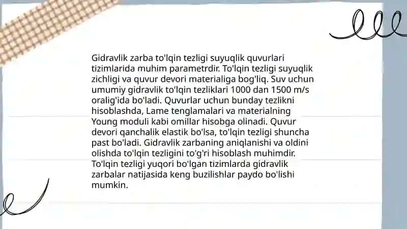 Gidravlik zarba to'lqin tezligining ko'tarilishi 4