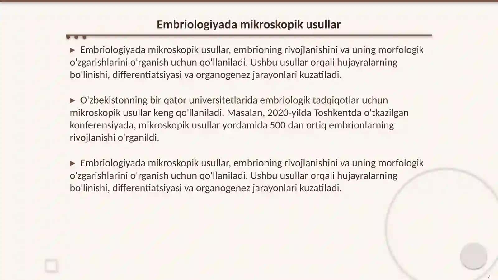 Mikroskopik a va embriologiyaning tekshirish usullari va mikroskop texnologiyasi bilan tanishish uning afzalliklari 4