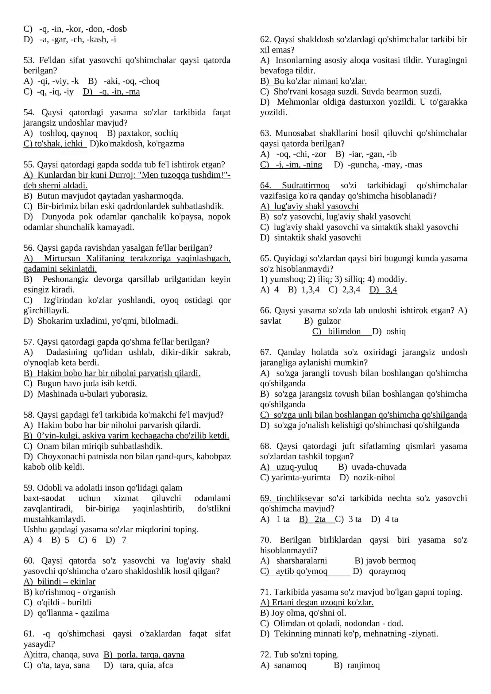 So’z tarkibi (asos va qo’shimchalar) testlar 4
