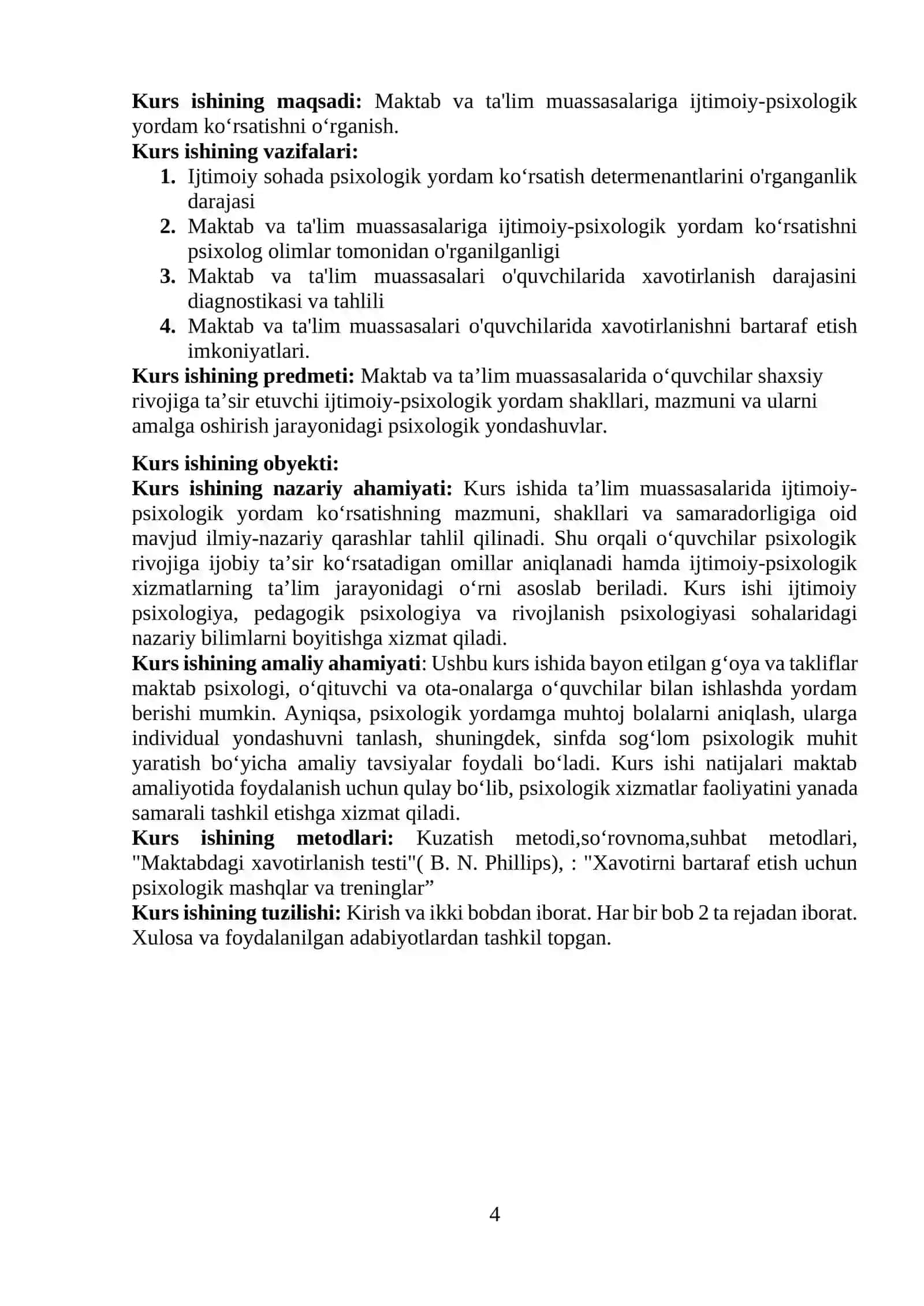 QO’QON DAVLAT UNIVERSITETI KURS ISHI "Maktab va ta'lim muassasalariga ijtimoiy-psixologik yordam ko‘rsatish" 4