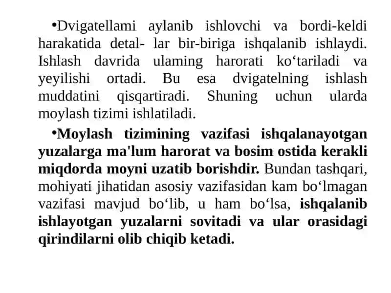Dvigatellarning moylash tizimi tuzilishi va ishlashini o’rganish 4