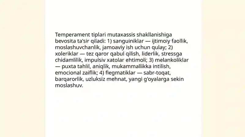 Temperament xususiyatlarining mutaxassis shakllanishidagi o'rni 4
