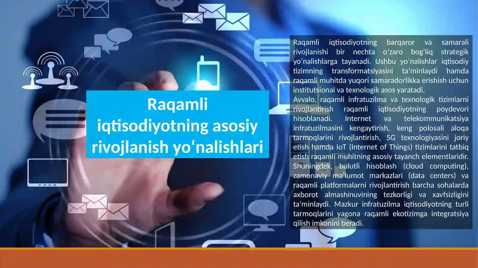 Raqamli iqtisodiyodning asosiy rivojlanish yoʻnalishlari "Raqamli O'zbekiston 30" strategiyasi va uning mohiyati 4