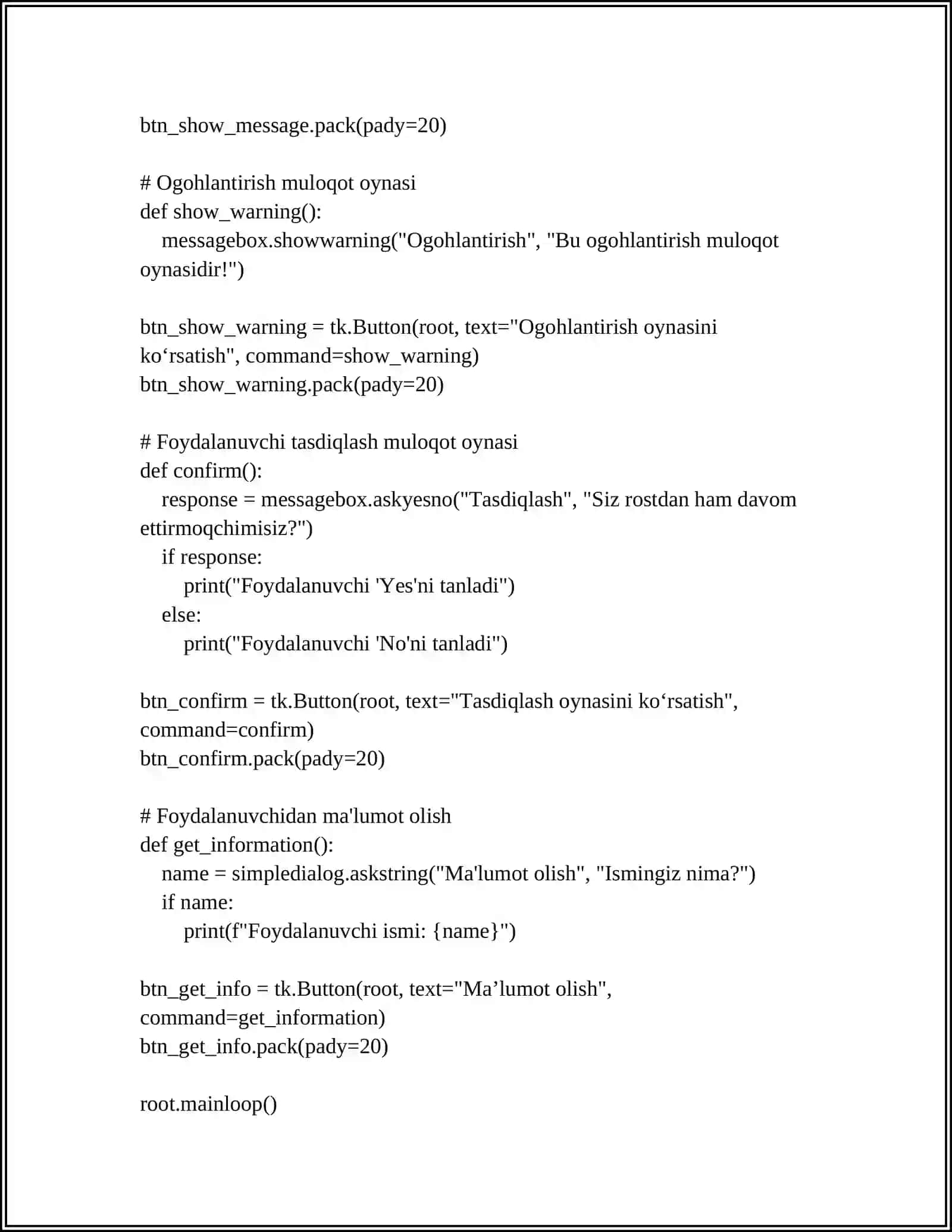 TKINTERDA MULOQOT OYNASI WINDOWS: XABARLAR QUTISI, FAYL DIALOGI VA RANGLAR DIALOGI 4