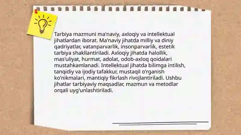 Tarbiya jarayonining mohiyati, mazmuni, tarbiya tamoyillari va metodlari 4