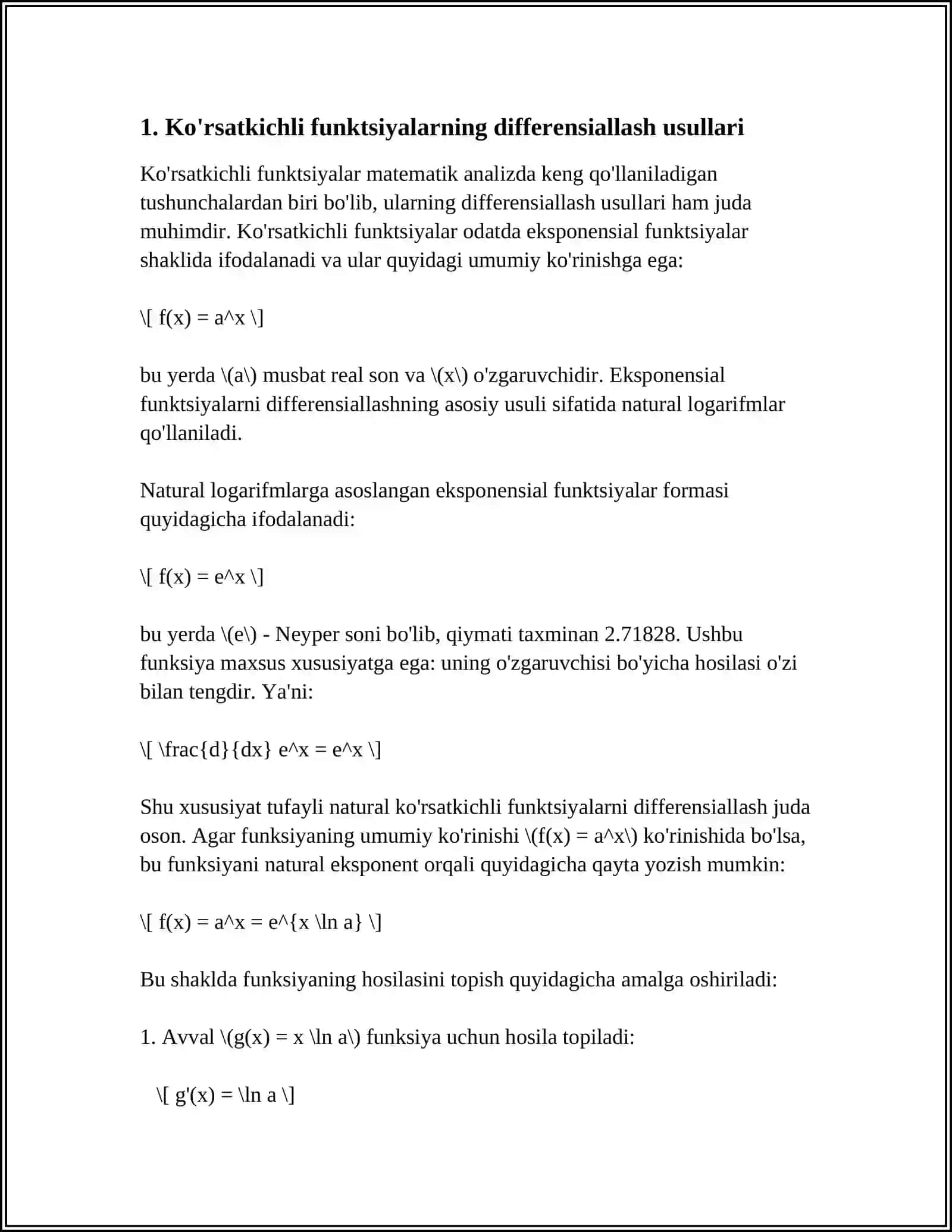 KOʻRSATKICHLI VA GIPERBOLIK FUNKSIYALAR HOSILALARNI HISOBLASH 4