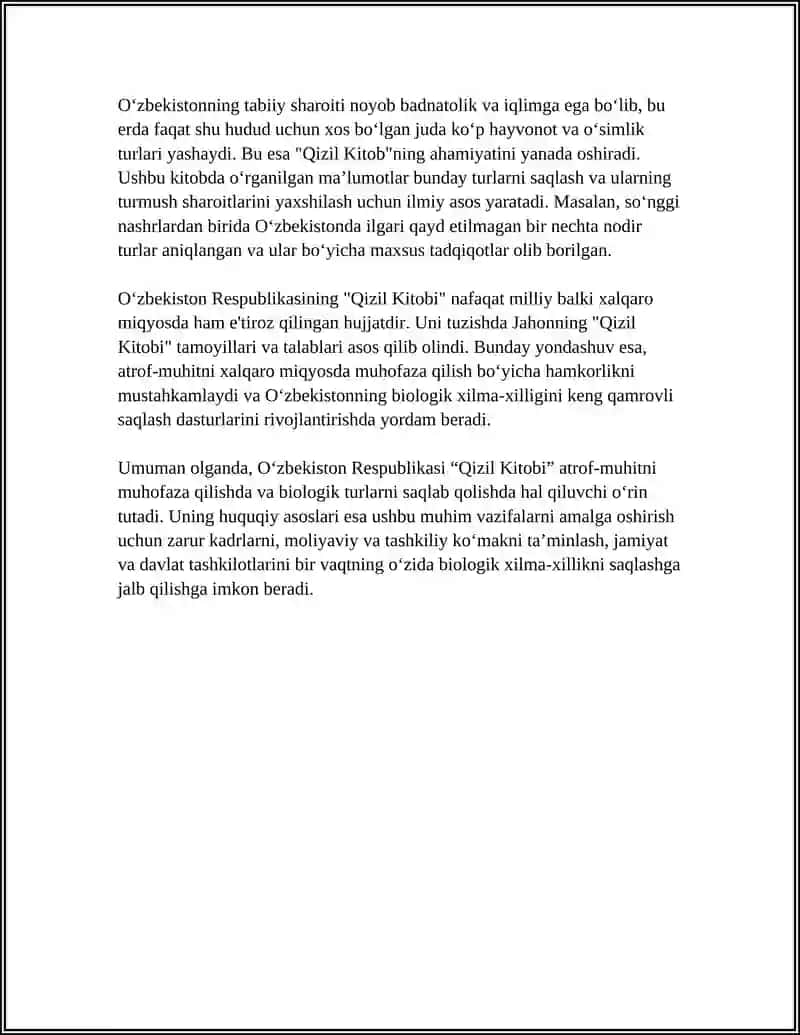 O‘ZBEKISTON RESPUBLIKASI “QIZIL KITOBI” VA UNING ATROF-MUHITNI MUHOFAZA QILISHDAGI O‘RNI 4