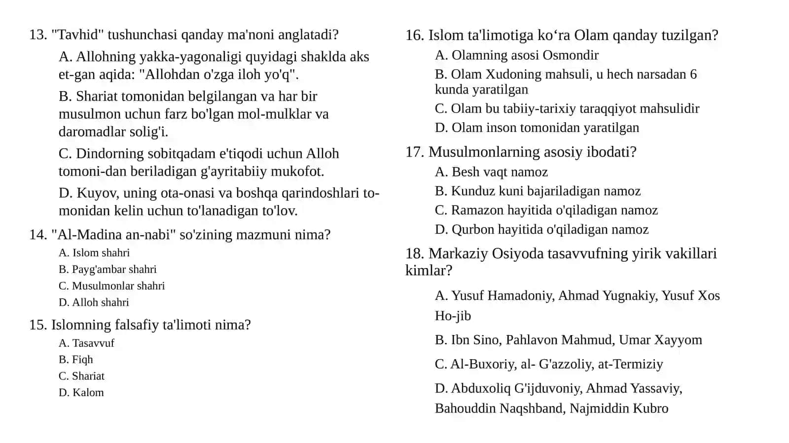 ISLOM ARKONLARI TEST 4