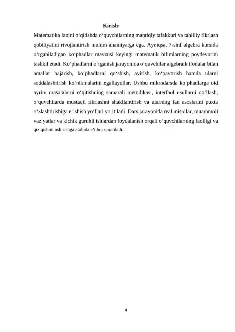 7-sinfda ko’phadlarga oid ba’zi masalalarni o’qitish metodikasi MIKRODARSI 4