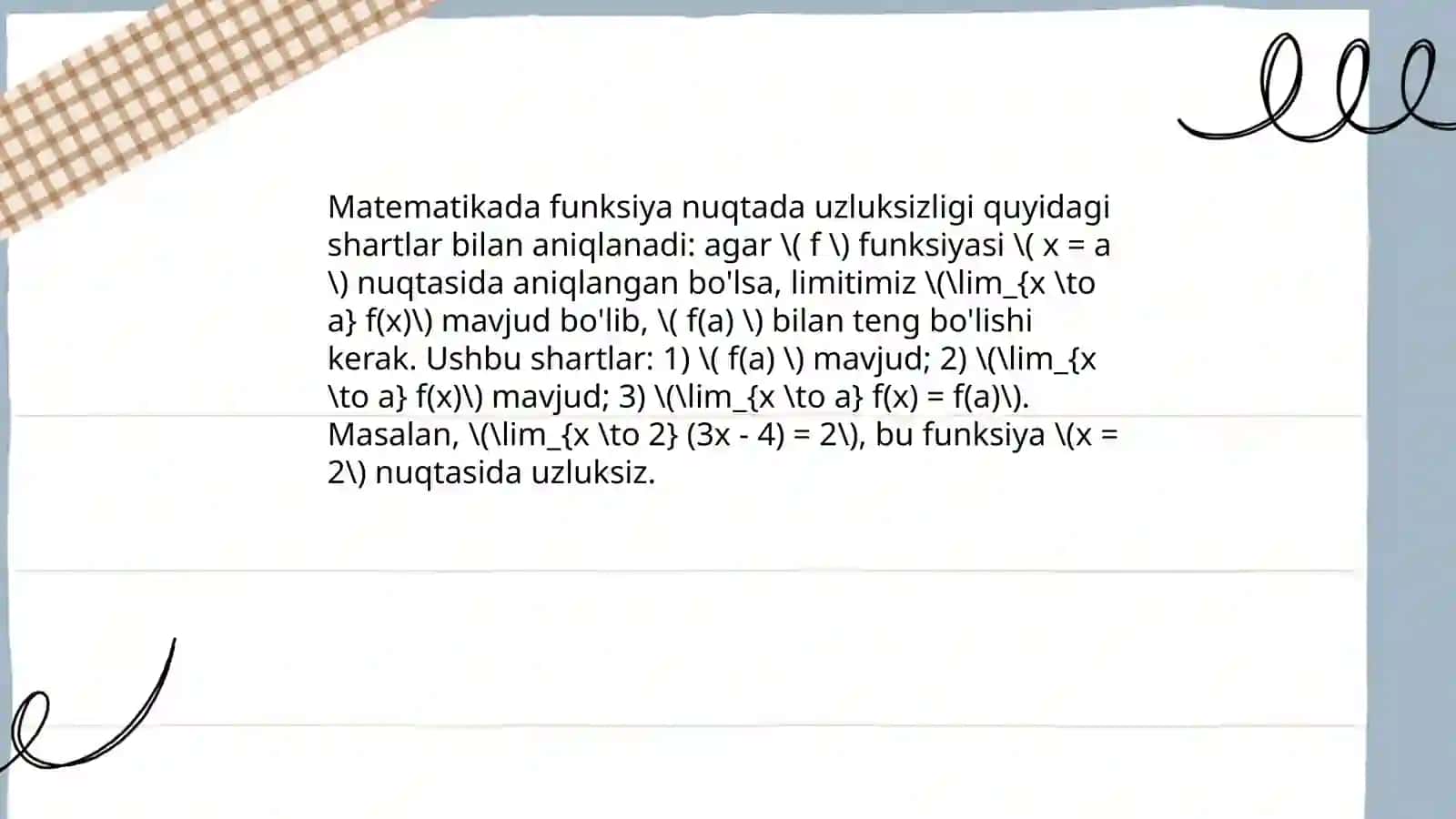 Funksiyaning uzluksizligi. Uzluksiz funksiyalarning xossalari. Kantor teoremasi 4