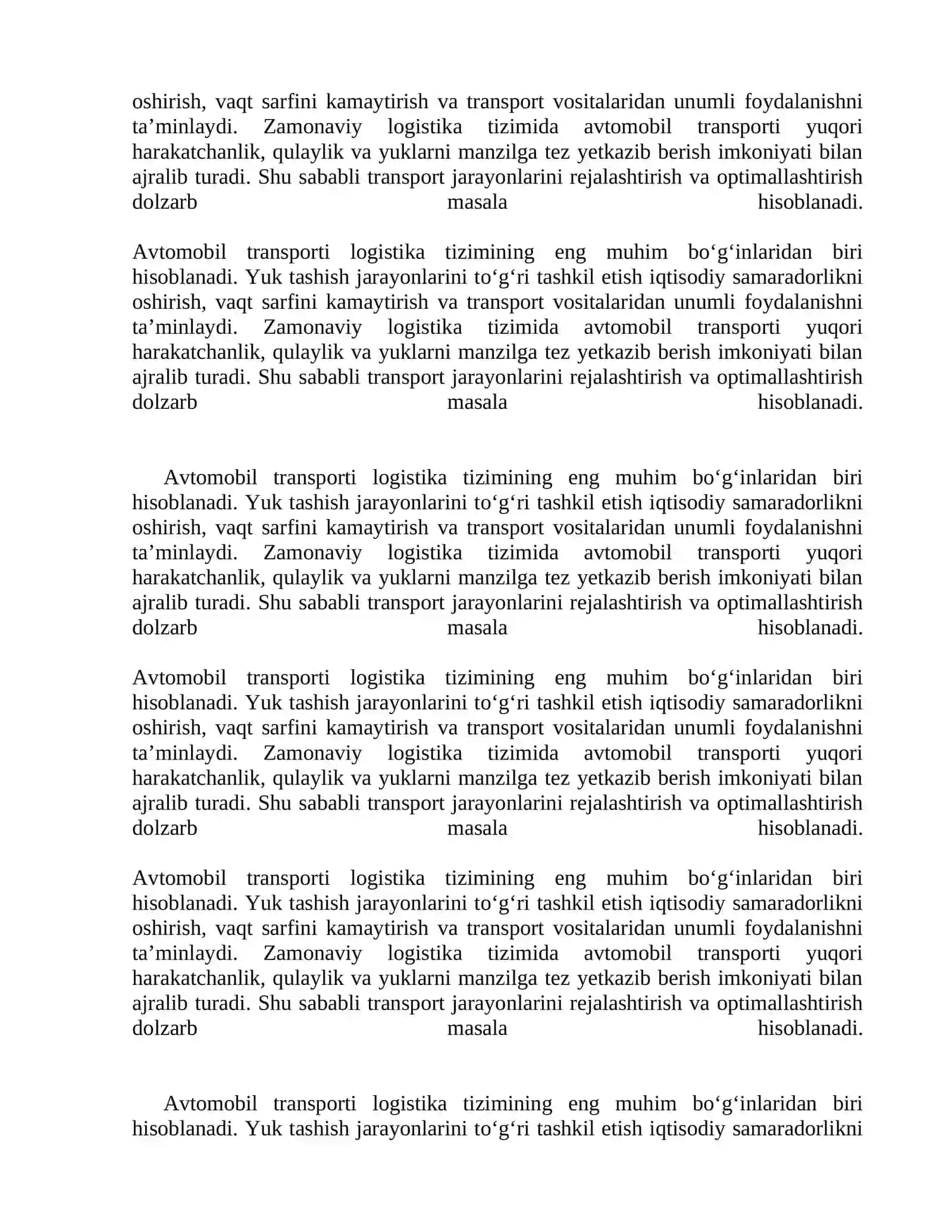 AVTOMOBIL TRANSPORTIDA YUKLARNI TASHISHNI TASHKIL ETISH KURS LOYIHASI 4