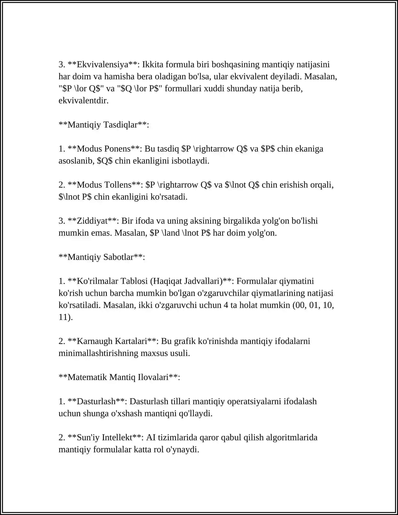AYNAN CHIN AYNAN YOLG'ON VA BAJARILUVCHI FORMULALA 4
