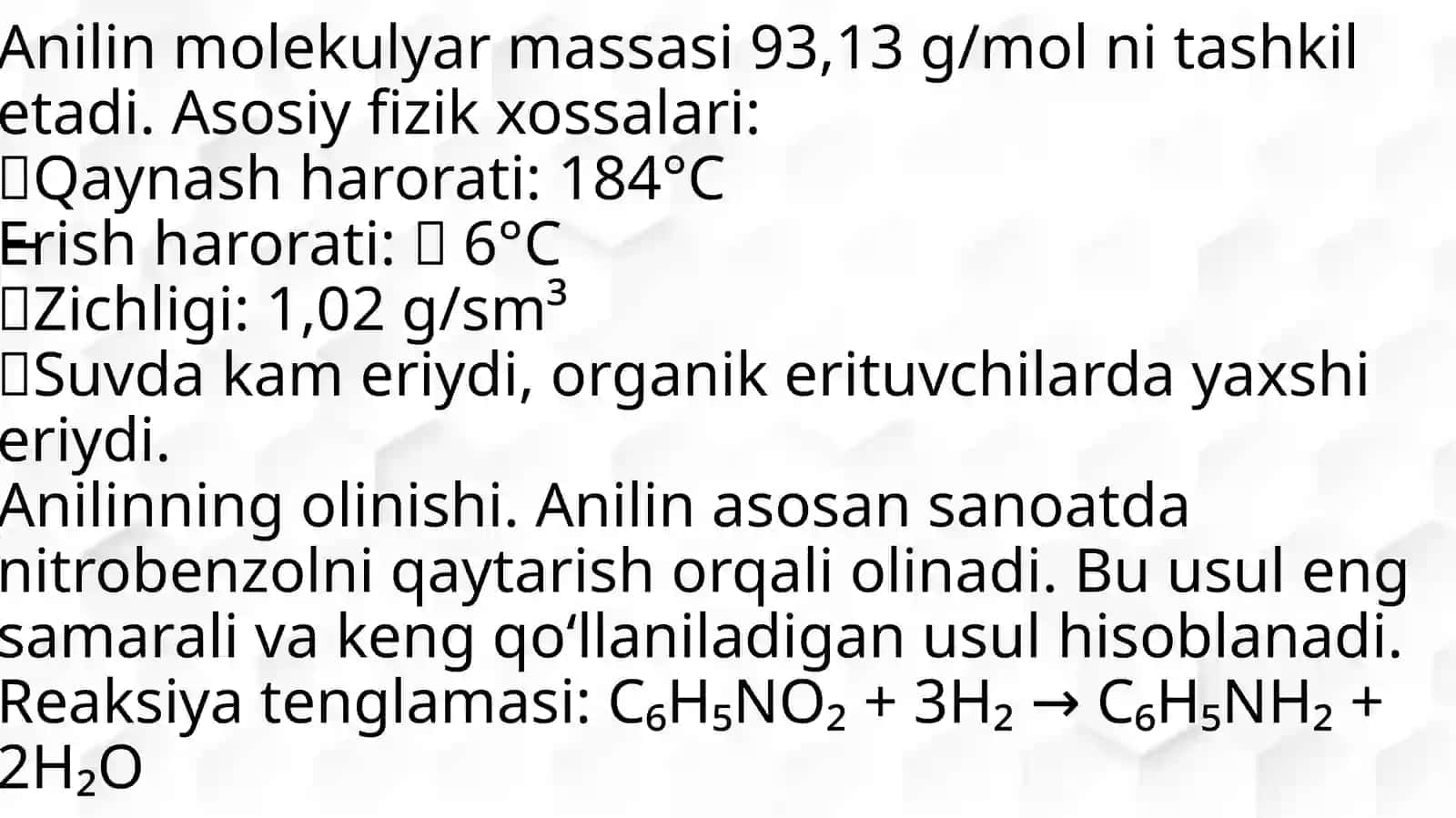 anilin uning sentizi tuzilishi va xossalari 4