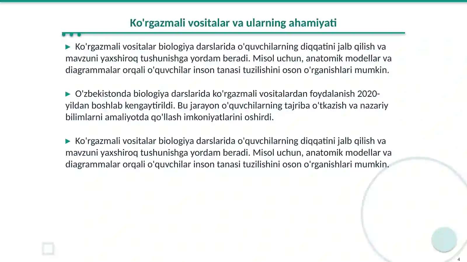 Biologiyani òqitishda moddiy texnika bazasidan foydalanish 4