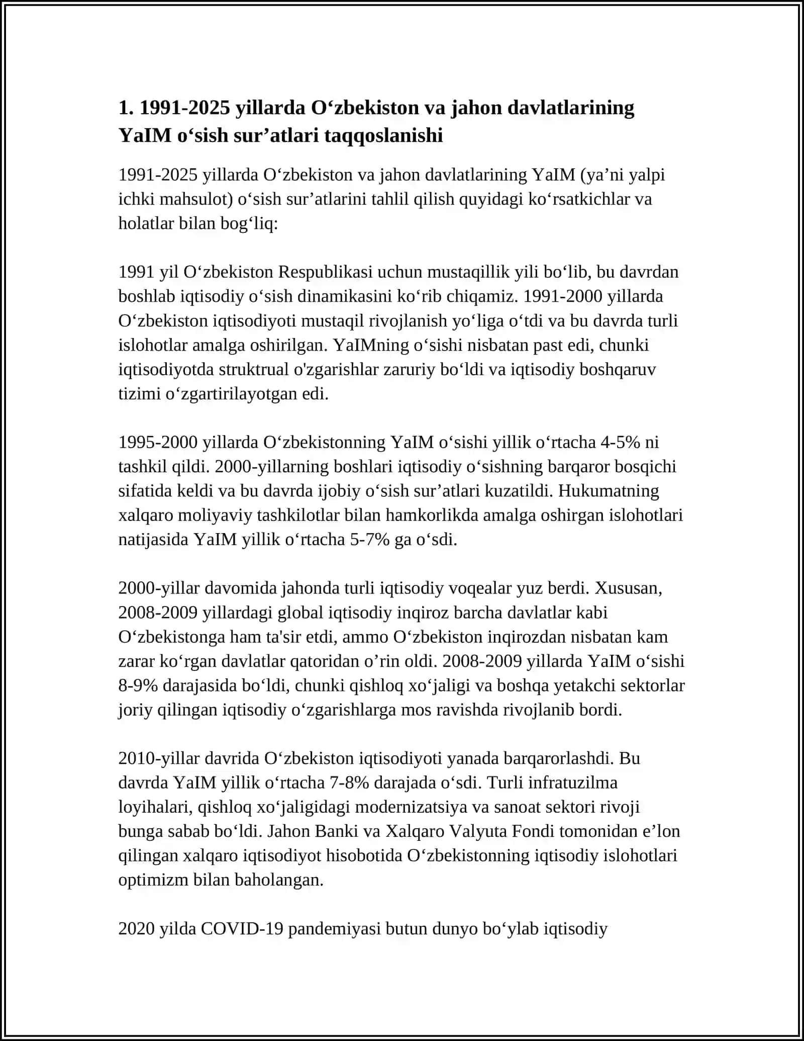"1991-2025" YILLARDA OʻZBEKISTON VA JAHON DAVLATLARI TARAQQIYOTI HAQIDA TAQQOSLASH 4