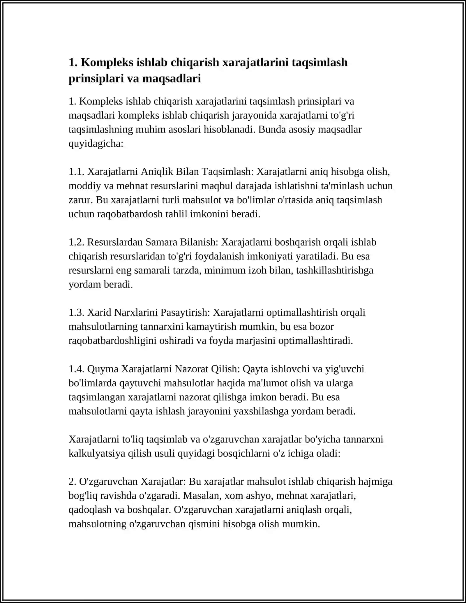 KOMPLEKS ISHLAB CHIQARISH XARAJATLARINING TAQSIMLANISHI VA QOSIMCHA MAHSULOT ISHLAB CHIQARISH; XARAJATLARNI TO‘LA TAQSIMLAB VA O‘ZGARUVCHAN XARAJATLAR BO‘YICHA TANNARXNI KALKULYASIYA QILISH USULI; BUDJETLASHTIRISH VA SMETANI REJALASHTIRISH 4