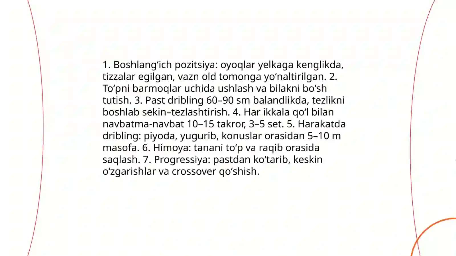 Basketbol óyinida harakatlanish va tópni boshqarishning texnik usullarini órgatish 4