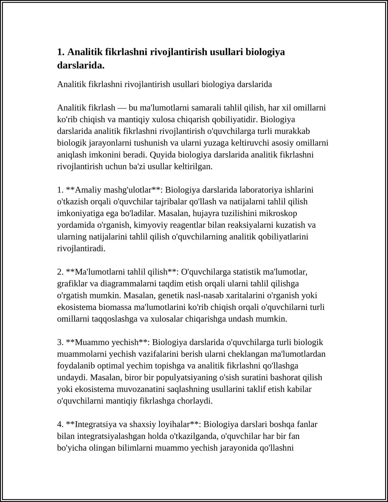 BIOLOGIYANI O’QITISHDA O’QUVCHILARNING TAHLILIY-TANQIDIY VA MANTIQIY FIKR YURITISH KO’NIKMALARINI TARKIB TOPTIRISH YO’LLARI 4