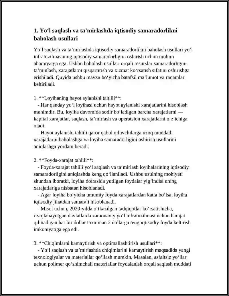 AVTOMOBIL YOʻLLARINI SAQLASH VA TA'MIRLASHDA IQTISODIY SAMARADORLIK.OʻZBEKISTONDA YOʻL TAMIRI VA SAQLASH SOHASIDAGI ISTIQBOLLI TEXNALOGIYALAR. 4