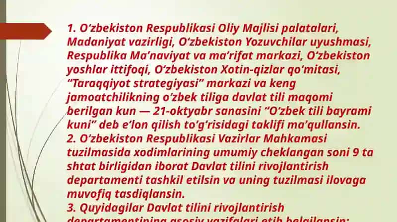 Respublikamizdao'zbektilinidavlattilisifatidaginufuzinioshirishbo'yichaqilinayotganishlarxaqidanutqtayyorlash 4
