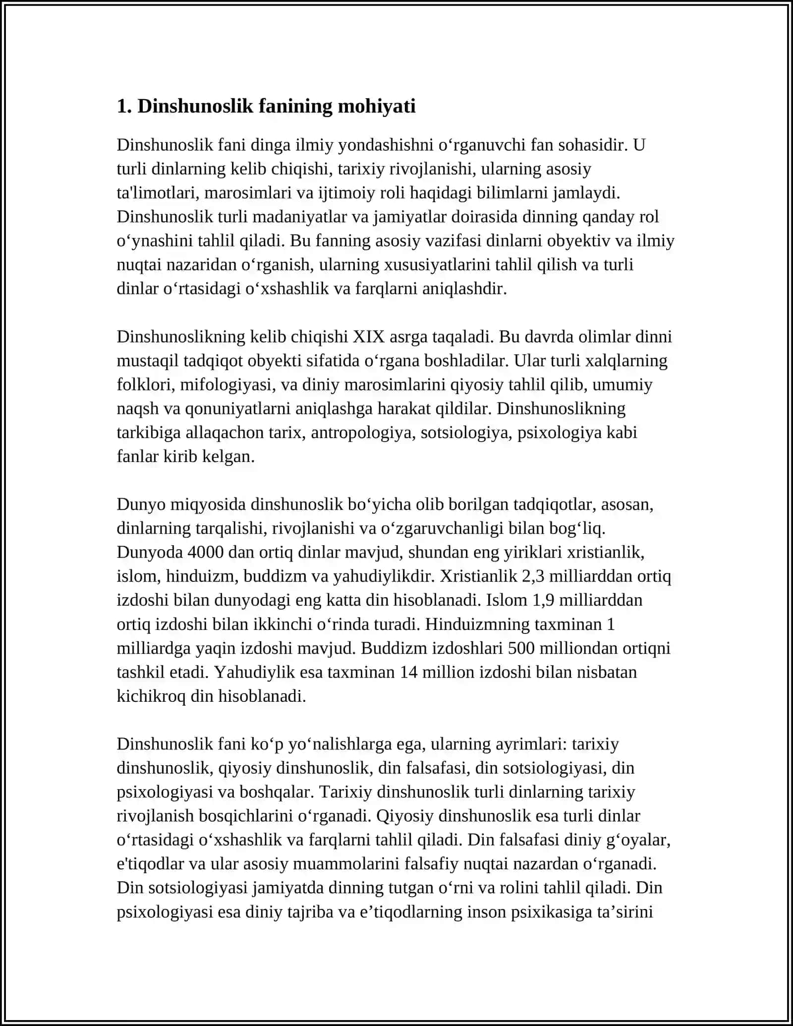 DINSHUNOSLIK FANIDAN DIN IJTIMOIY MADANIYAT HODISA SIFATIDAGI AHAMIYATI.MILLIY DINLAR.ZARDUSHTIYLIK DINI MAVZUSIDA MUSTAQIL ISH 4
