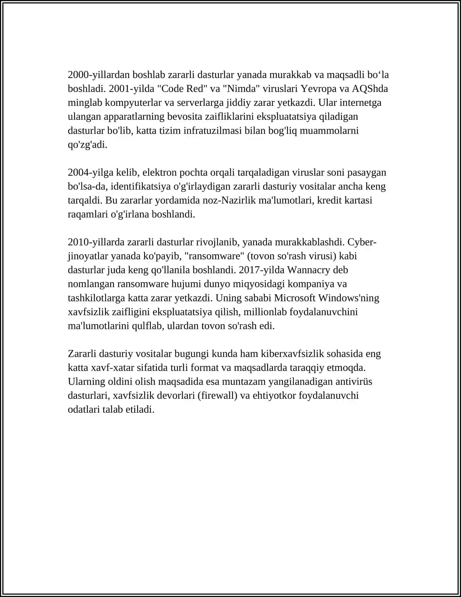 ZARARLI DASTURIY VOSITALARNI KLASSIFIKATSIYASI VA HIMOYA USULLARI. REFERAT TAYORLAB BER SHU MAVZU BOYICHA 4