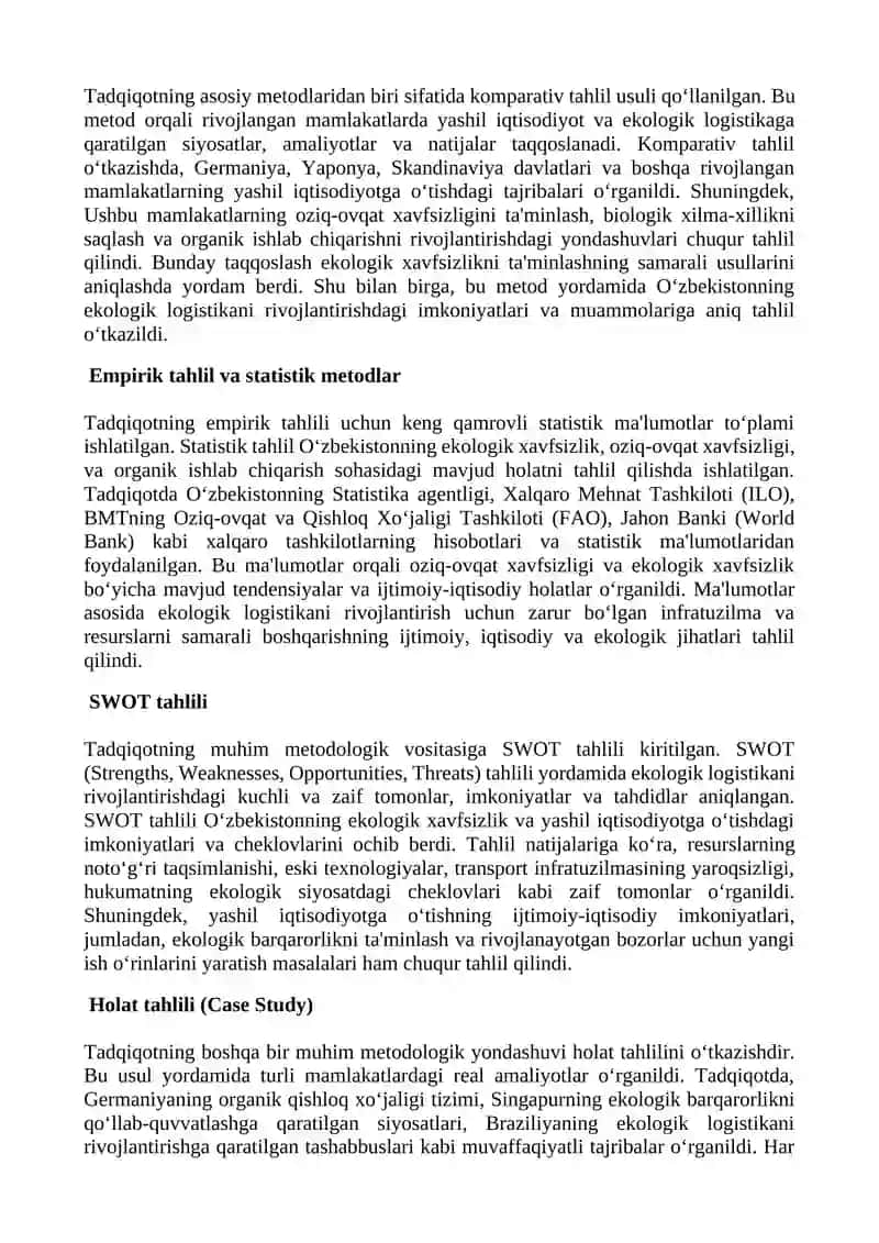 YASHIL IQTISODIYOT SHAROITIDA OZIQ -OVQAT XAVFSIZLIGI, BIOLOGIK XILMA-XILLIK VA ORGANIK ISHLAB CHIQARISHNI TA’MINLASHDA XALQARO LOGISTIKA FAOLIYATINING ASOSIY YO’NALISHLARI VA ROLI 4