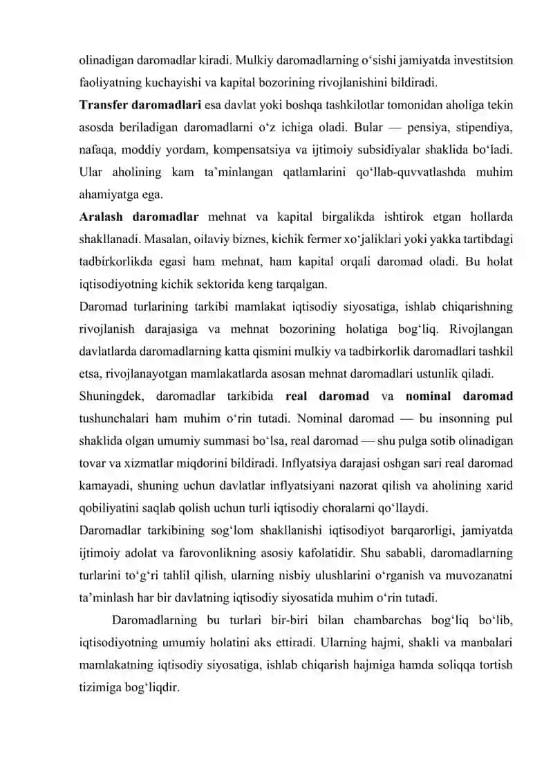 Daromad turlari tarkibi va ularning shakllanish tartibi, daromad manbalari 4