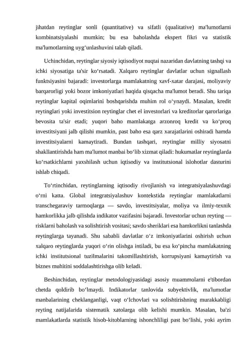 Iqtisodiy sohadagi xalqaro reytinglar va ularga O'zbekistonning integratsiyalashuviiqtisod 4