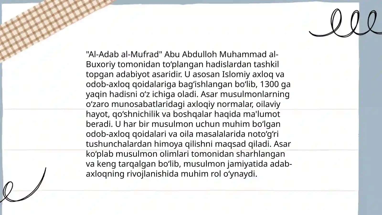 Imom Buxoriyning " al-adab al-mufrad" asarini konspektleshtirish va esse tayyorlash 4