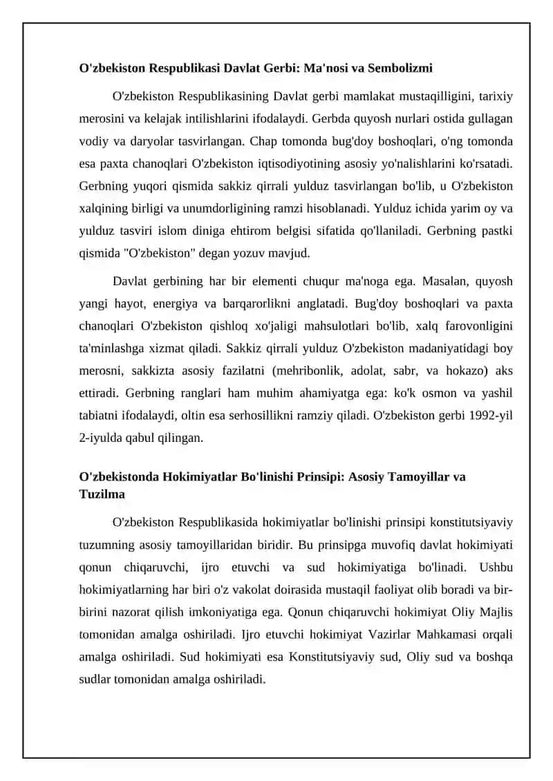 Davlat ramzlari. mustaqil o’zbekistonda hokimiyatlar bo’linishi prinsipi 4