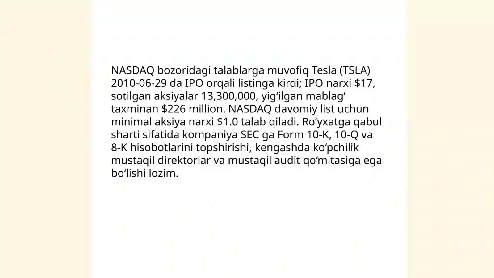 Tesla kompaniyasining fond birjasi va listing talablari va asosiy moliyaviy ko’rsatgichlari 4