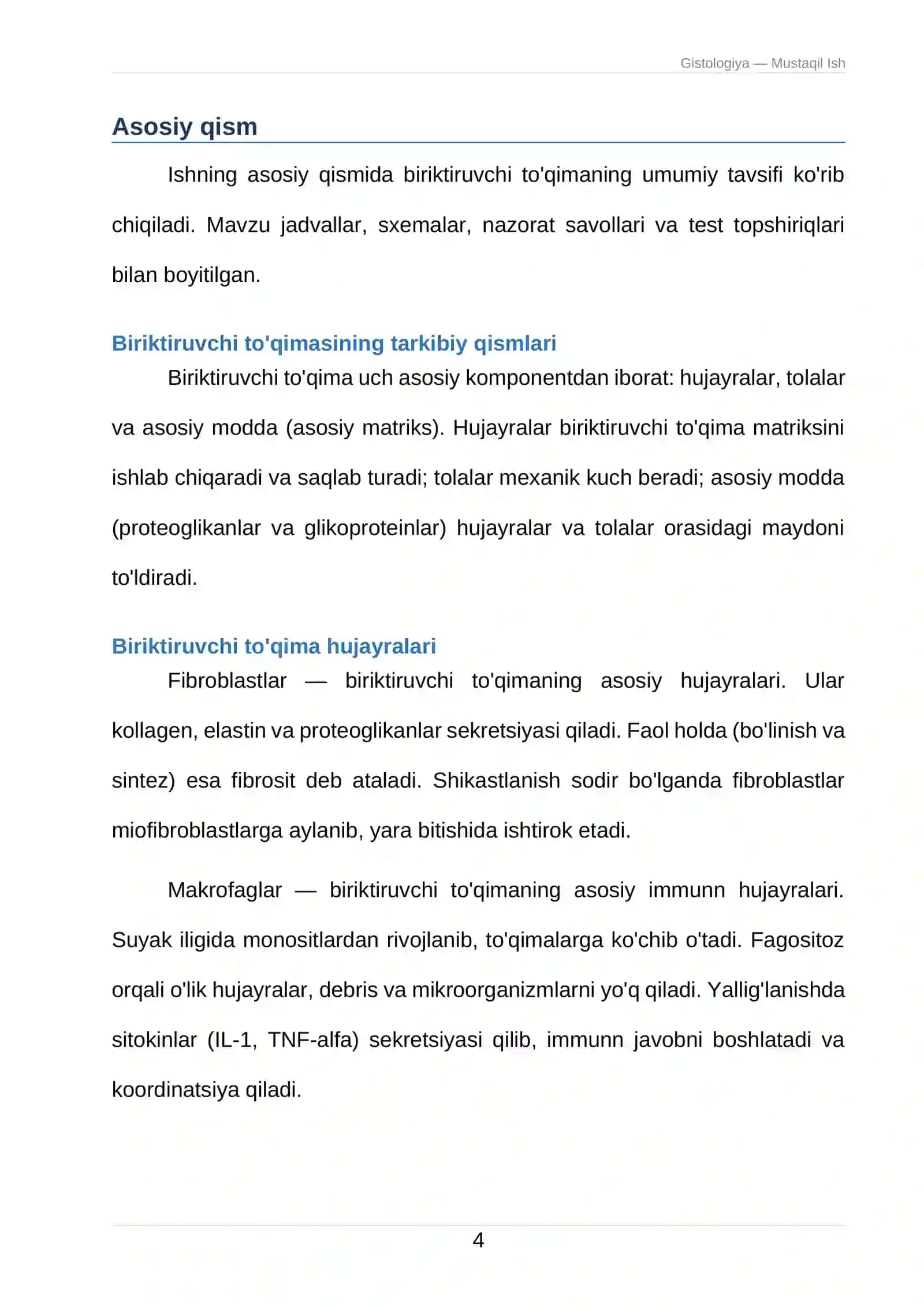 Gistologiya — Mustaqil Ish 4