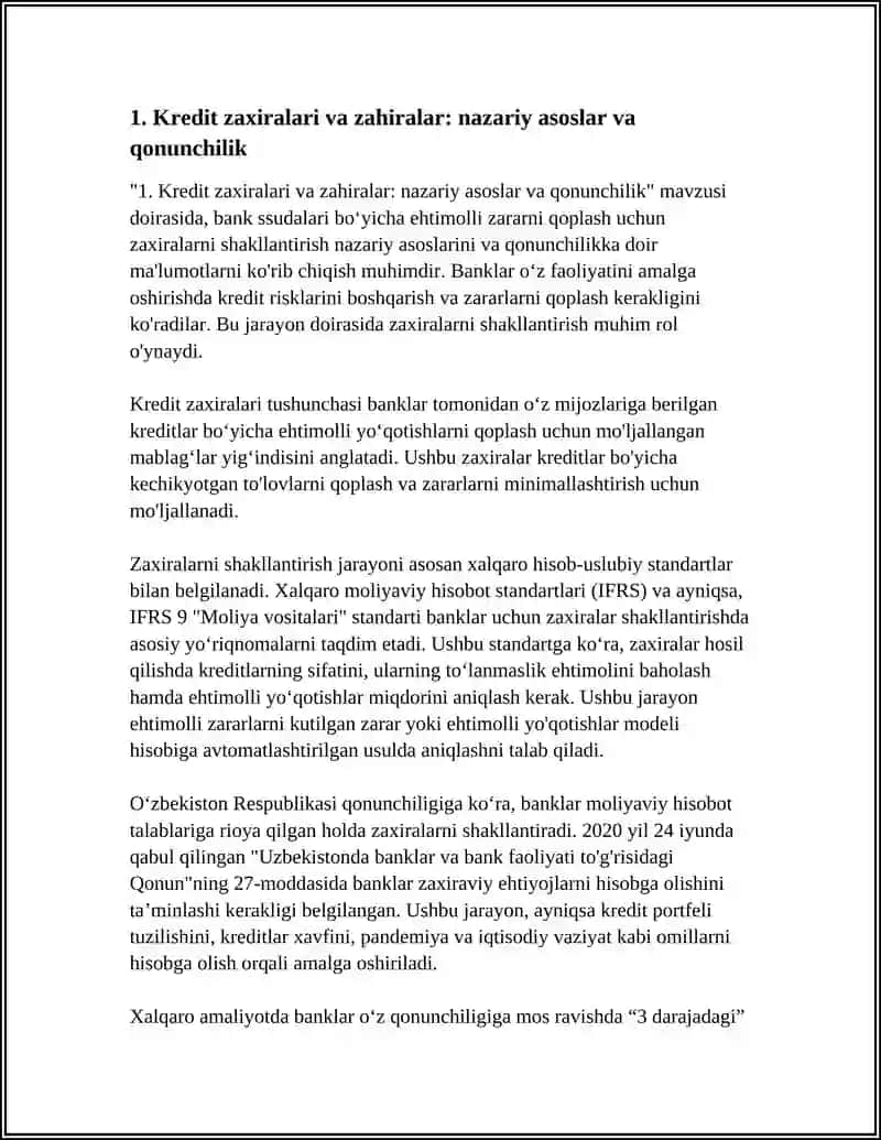 BANK SSUDALARI BOYICHA EHTIMOLLI ZARARLARNI QOPLASH UCHUN ZAHIRALARNI SHAKLLANTIRISH 4