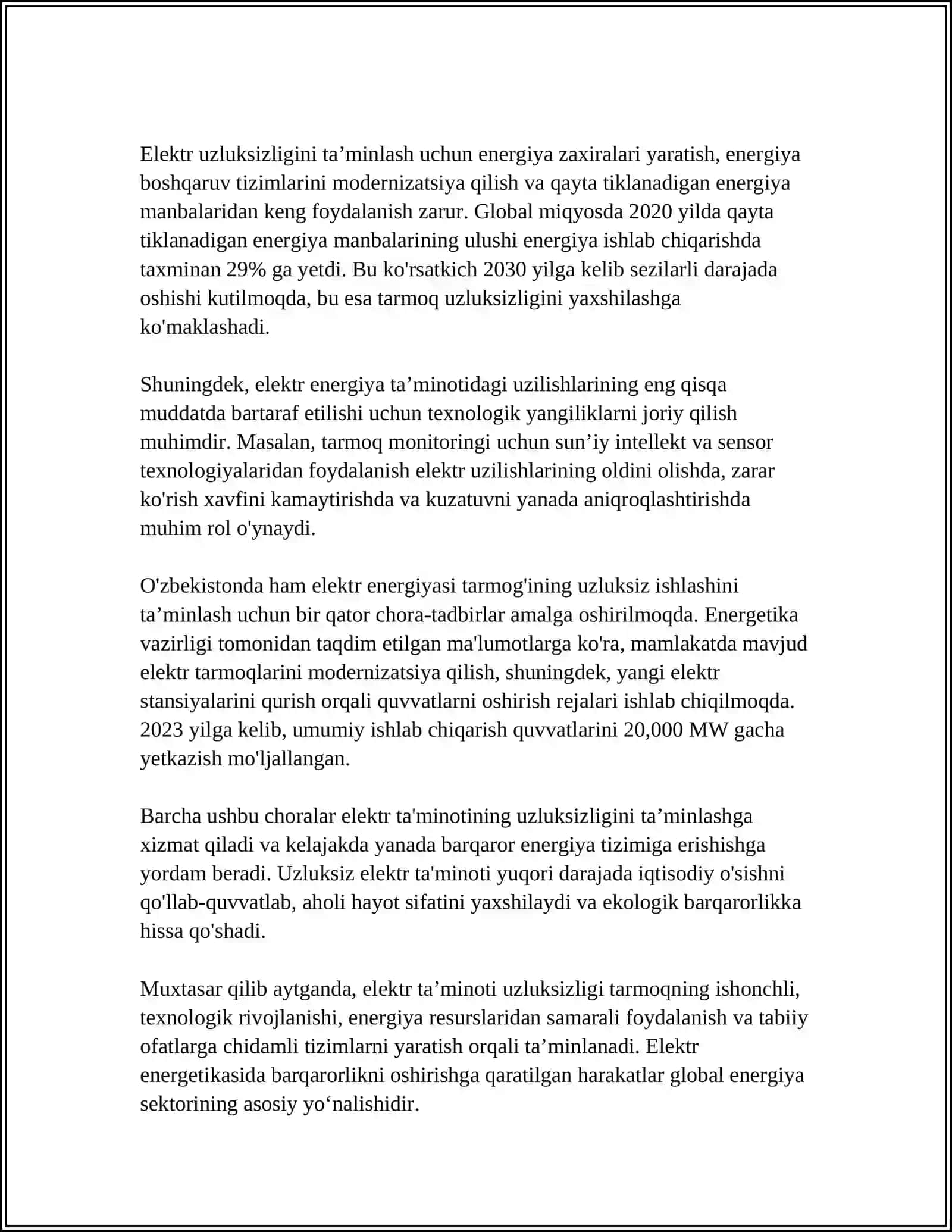 ELEKTR ENERGIYASINI UZLUKSIZ TA'MINLASH DARAJASI BO'YICHA ISTE'MOLCHILARINING BOG'LANISHI 4